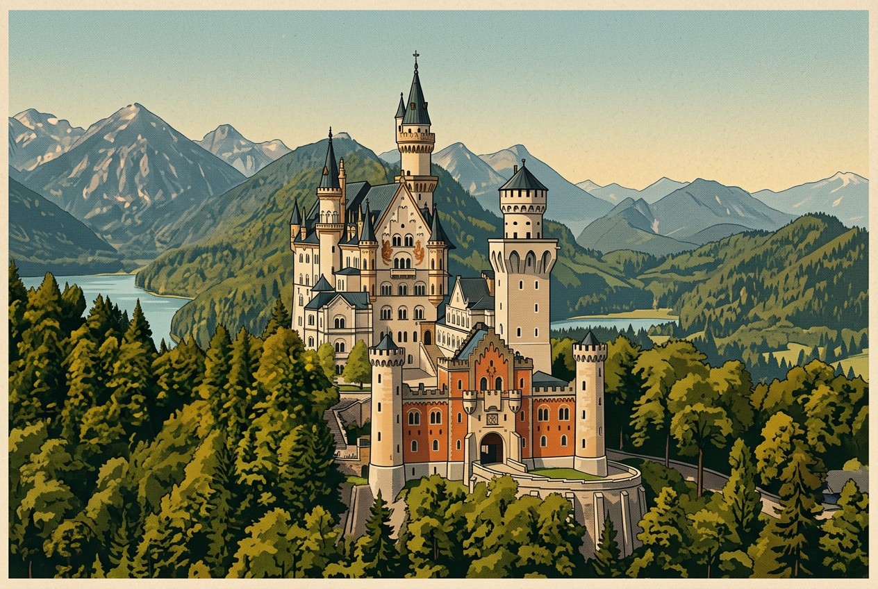 Vintage-style illustration of a Bavarian castle above a forested valley