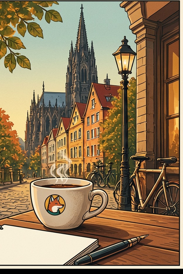 Illustrated German old-town street with a cathedral, a café table with coffee and an open notebook