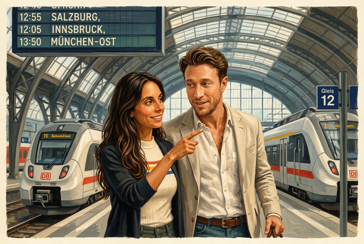 Painterly station scene of Gina pointing towards the departure board on a Munich Hauptbahnhof platform while Ulli, holding a bag, follows her direction and smiles