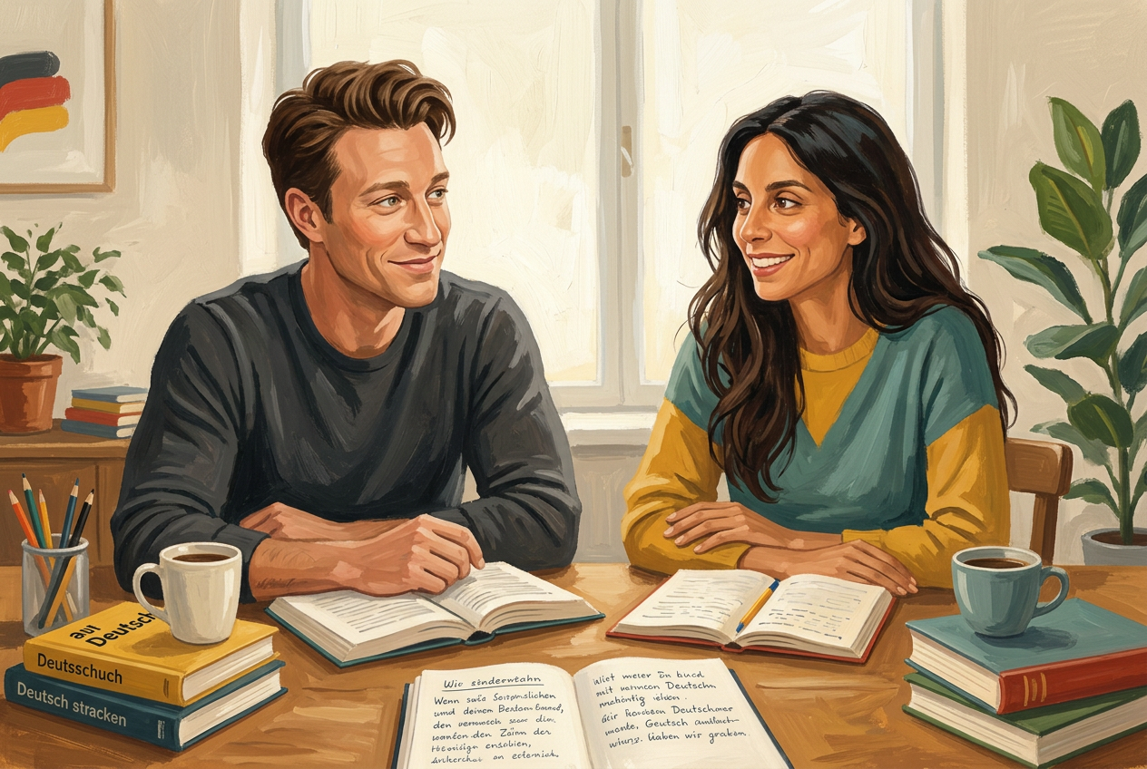 Painterly study-room scene of Ulli and Gina learning German together at a wooden table with notebooks, textbooks and coffee