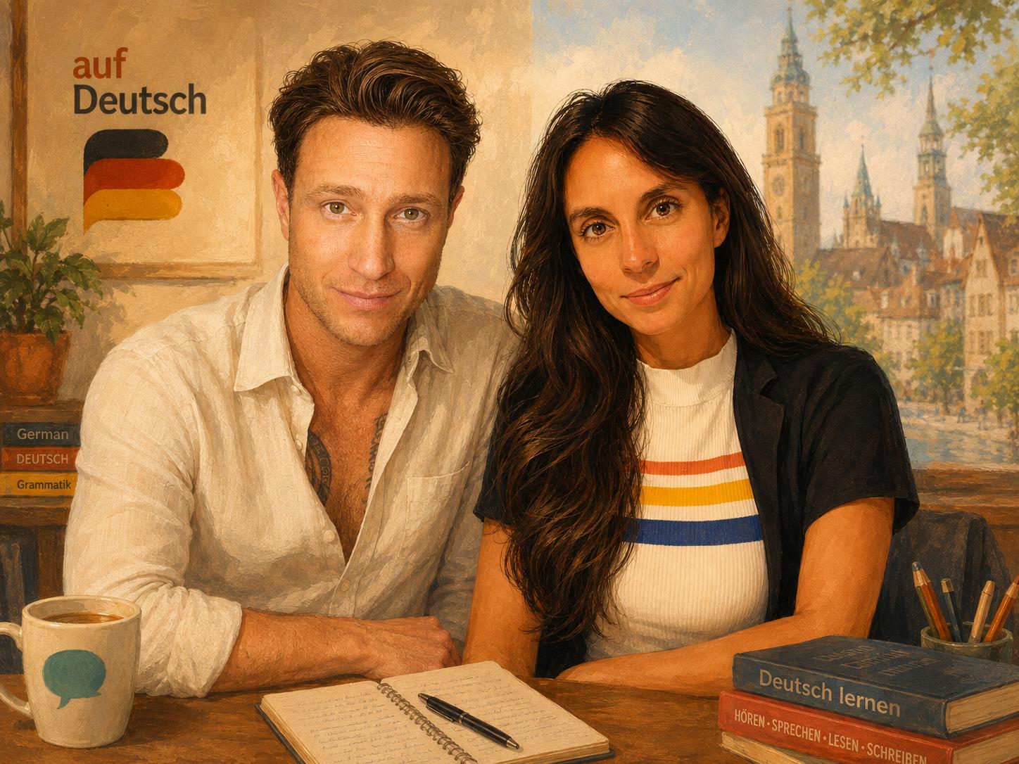 Ulli and Gina together at a table with German books and coffee