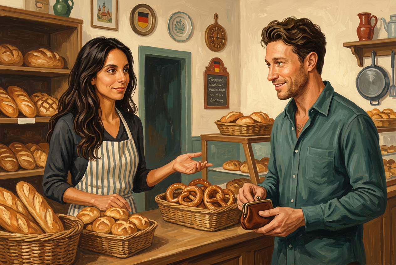 Painterly scene of Gina behind a German bakery counter with bread rolls and pretzels while Ulli orders with a coin purse