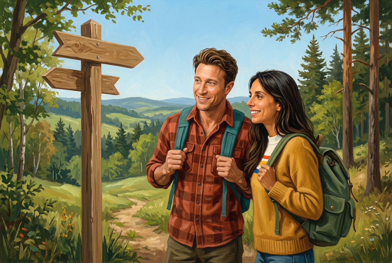 Painterly scene of Ulli and Gina hiking a German forest trail with small backpacks, reading a wooden trail signpost