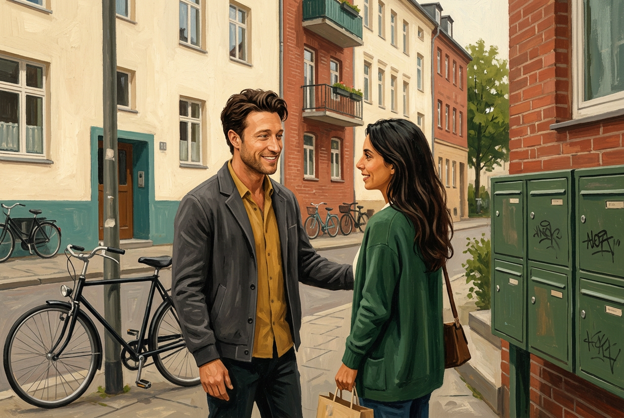 Painterly scene of Ulli and Gina greeting each other as neighbours in a quiet German residential street with mailboxes and a bicycle