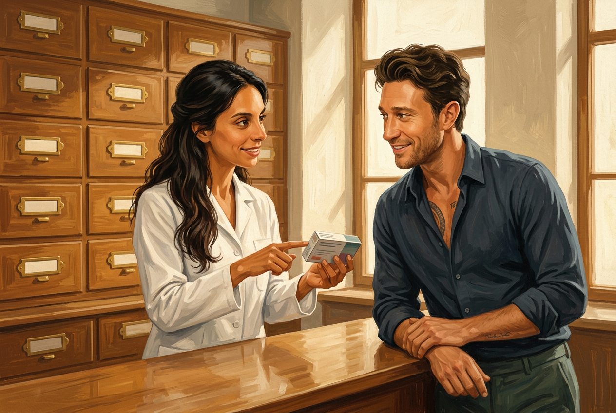 Painterly scene of Gina as a pharmacist in a white coat explaining a small medicine box to Ulli at a wooden pharmacy counter