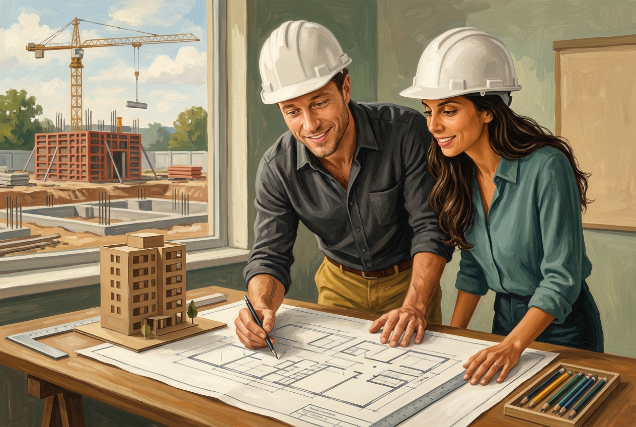 Painterly scene of Ulli and Gina in safety helmets reviewing building plans at an architecture desk