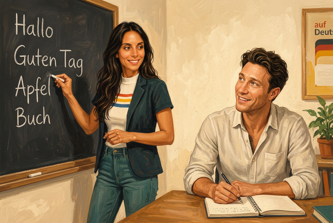 Painterly scene of Ulli and Gina in an adult classroom with a chalkboard showing German words