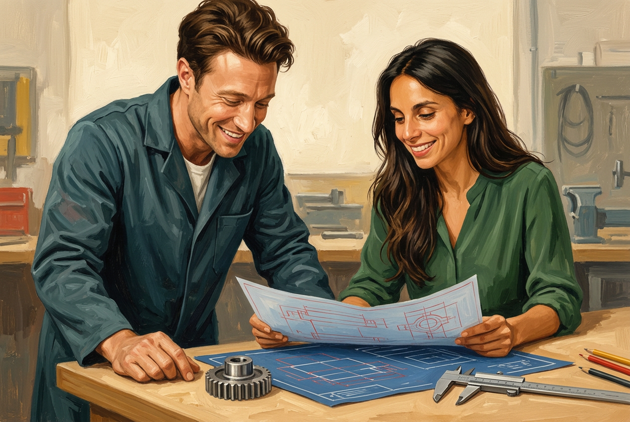 Painterly scene of Ulli and Gina at an engineering workbench with technical drawings and a caliper