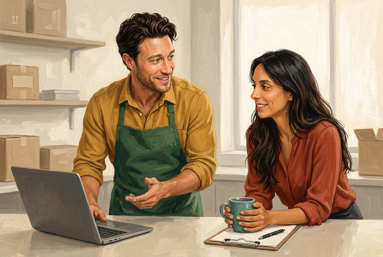 Painterly scene of Ulli and Gina talking in a bright, neutral shared workroom with a laptop, clipboard and mug
