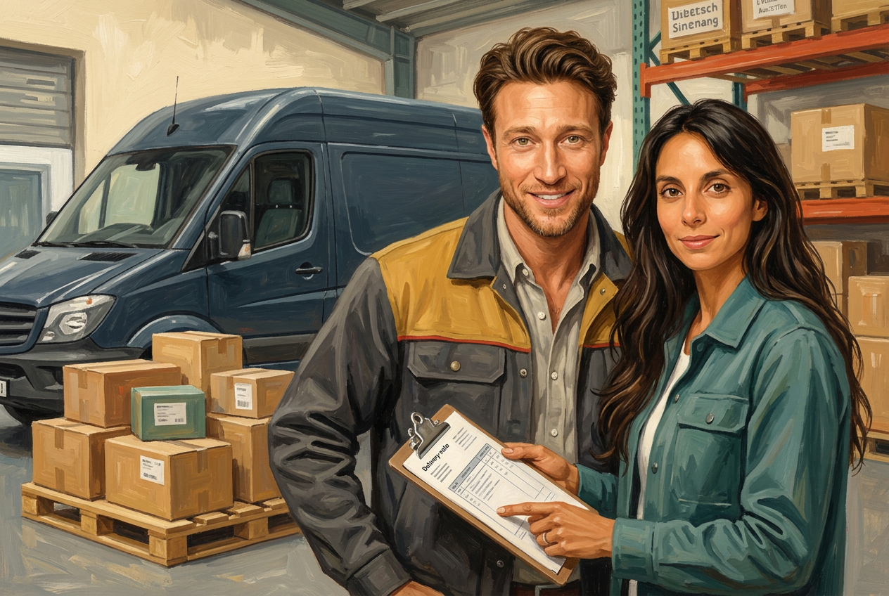 Painterly scene of Ulli and Gina in a warehouse loading area with a delivery van and parcels