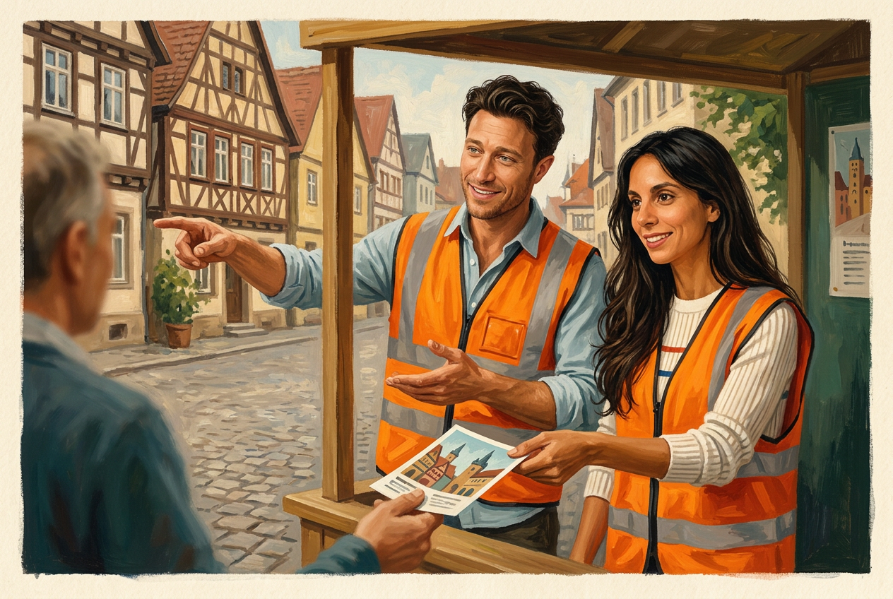 Painterly scene of Ulli and Gina in high-visibility vests at a community information point in a German town square, handing over a leaflet