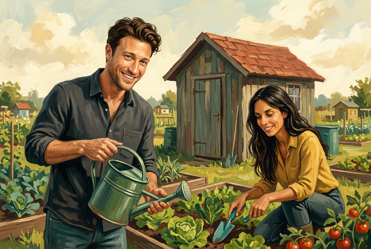 Painterly scene of Ulli and Gina volunteering in a sunny German community garden with watering cans and vegetable beds