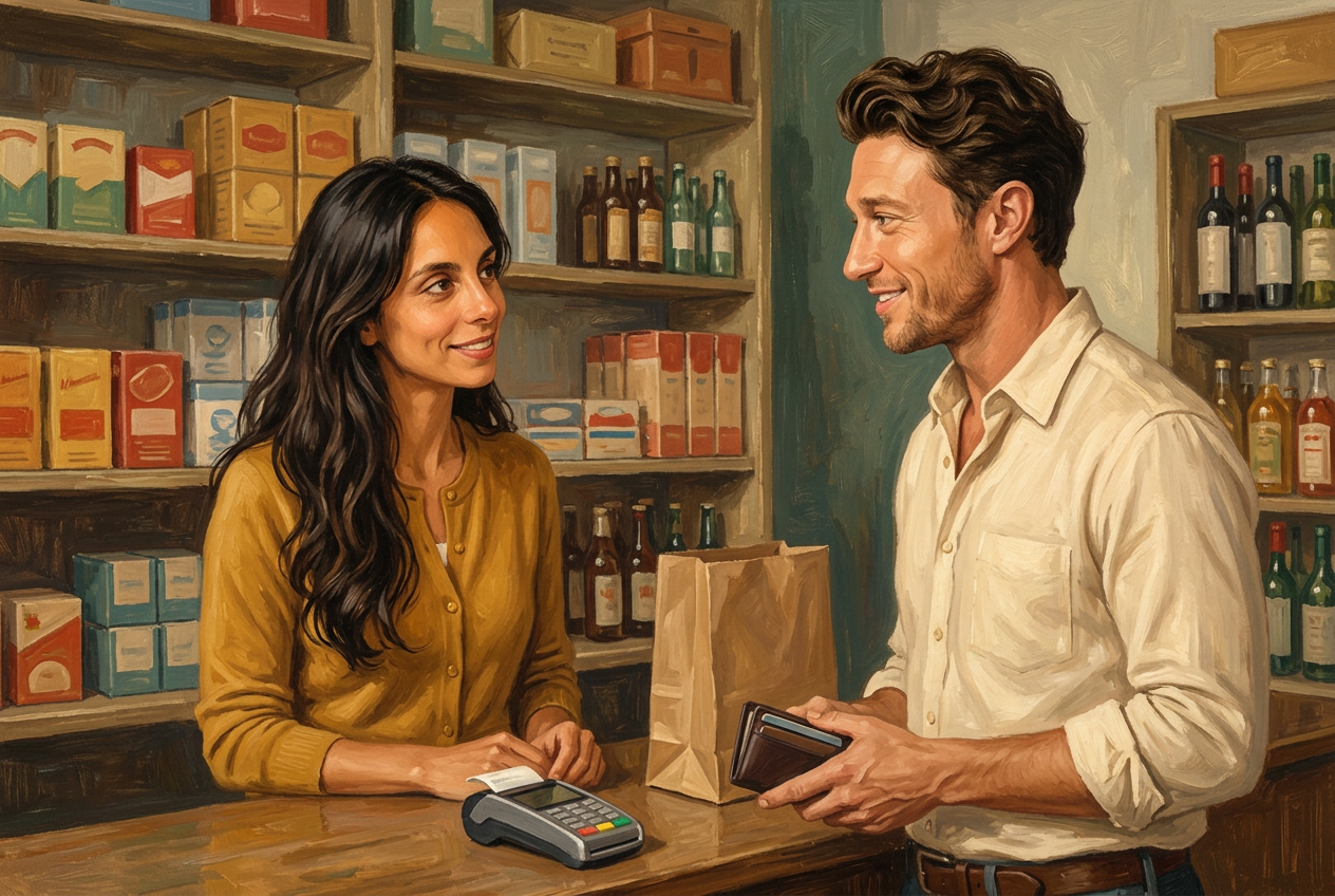 Painterly scene of Gina behind a German shop counter helping Ulli with a purchase, card terminal and paper bag on the counter