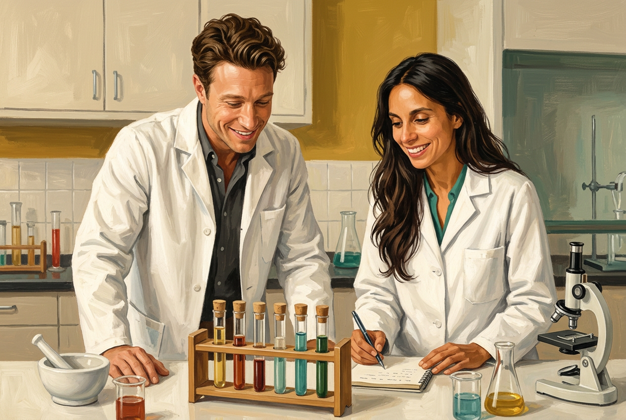 Painterly scene of Ulli and Gina in white lab coats in a clean laboratory with sample tubes