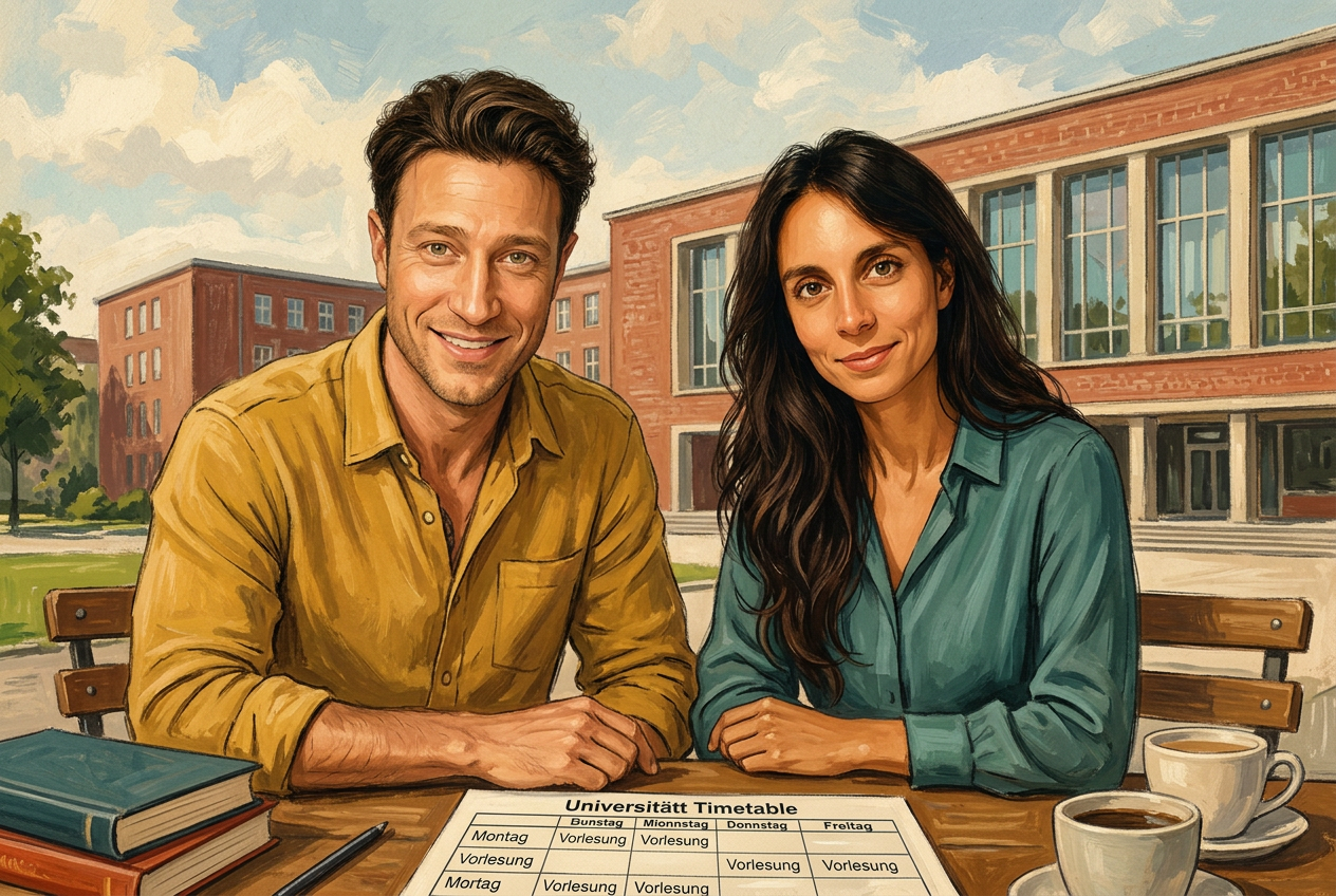 Painterly scene of Ulli and Gina as adult students at an outdoor study table on a German university campus with books and a timetable