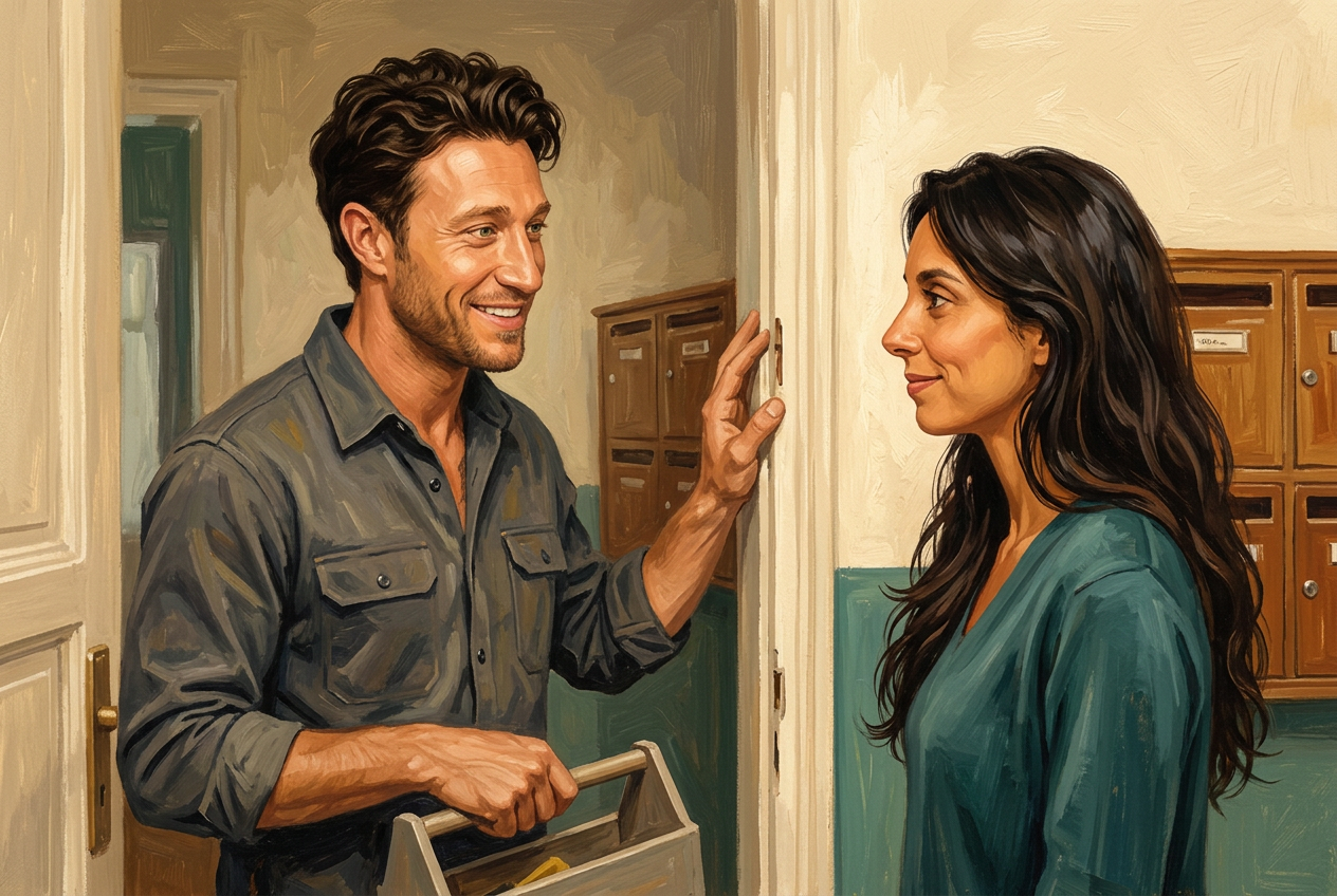 Painterly scene of Ulli in a work shirt explaining a repair to Gina at an apartment doorway