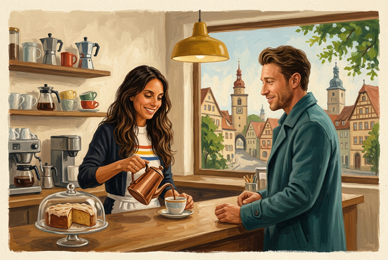 Illustrated café scene: Gina serves coffee behind the counter while Ulli, in a hat and teal coat, orders from the other side