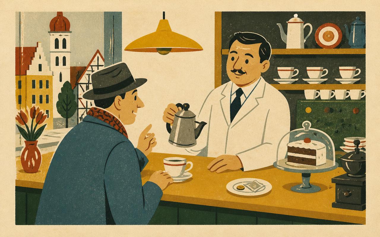 Illustration of a café counter with a shopkeeper serving a customer coffee