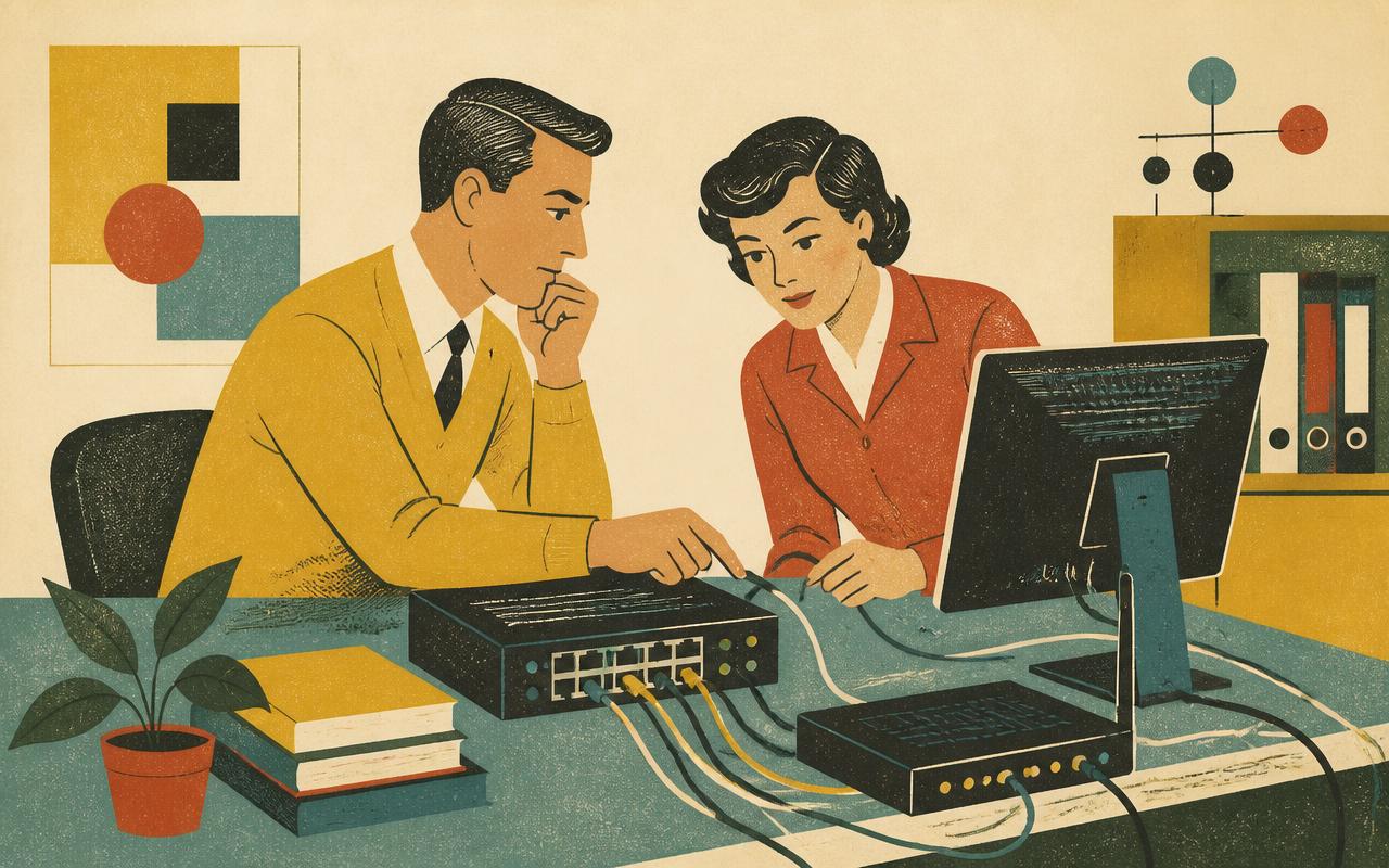 Illustration of two colleagues at a desk checking a computer, a switch and a router