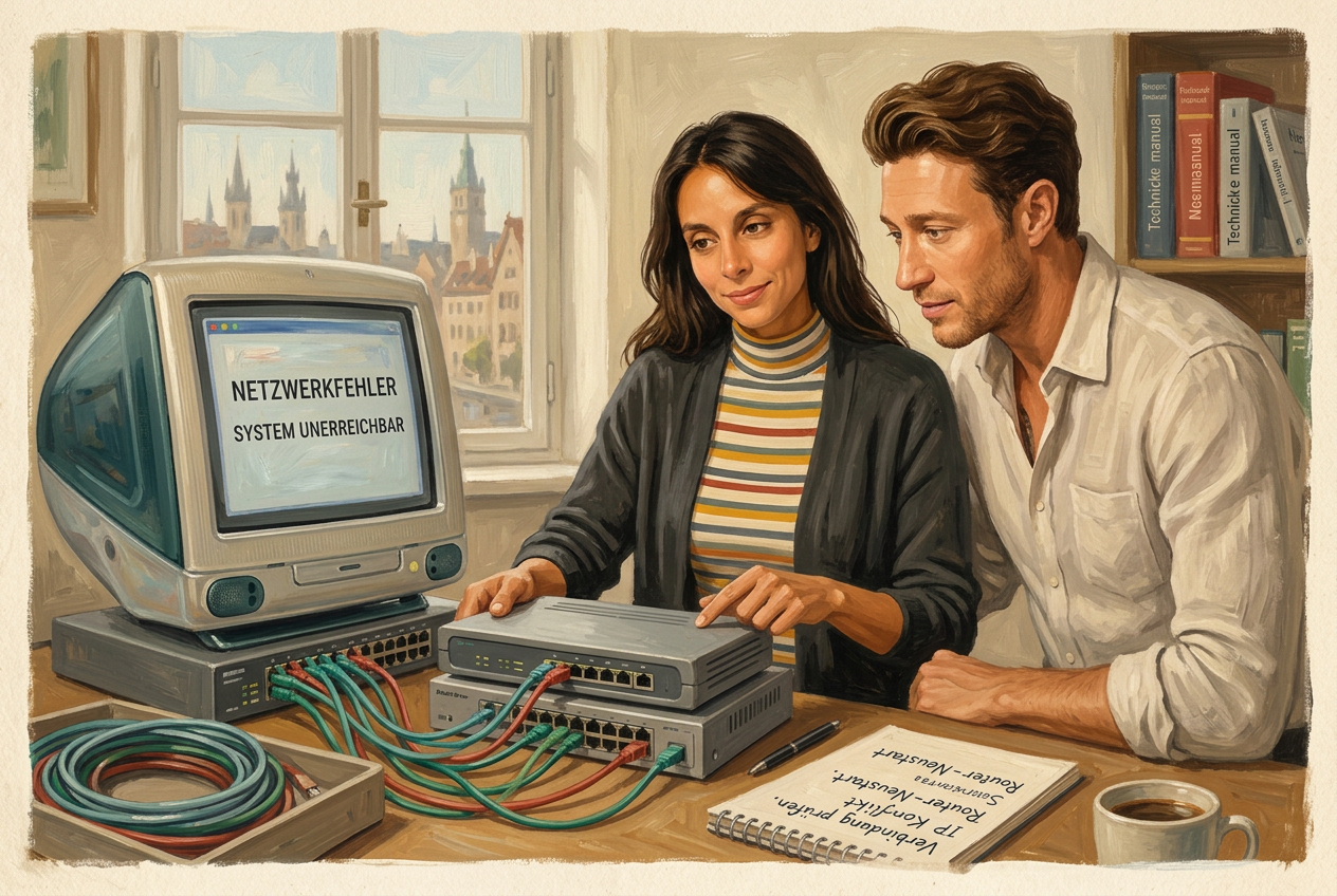 Illustrated office scene: Ulli and Gina checking a computer, a switch and a router together at a desk